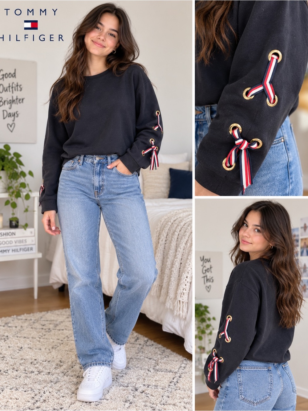 Tommy Hilfiger Navy Crewneck Sweatshirt with Lace-Up Sleeve Detail – Size M